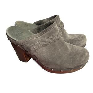 UGG Size 7 Gray Suede Clog Mules Wooden Heel Studded Boho Chic Platform Shoes